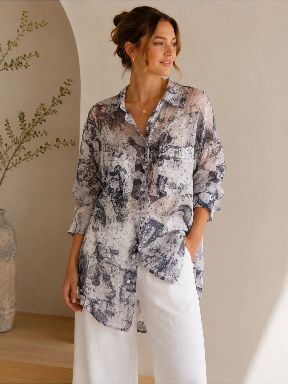 Raquel Allegra White Zodiac Work Shirt XS Oversized Celestial Sheer Made in USA
